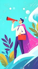 Flat vector illustration of a business person with a telescope, dressed in a superhero cape and holding a red briefcase