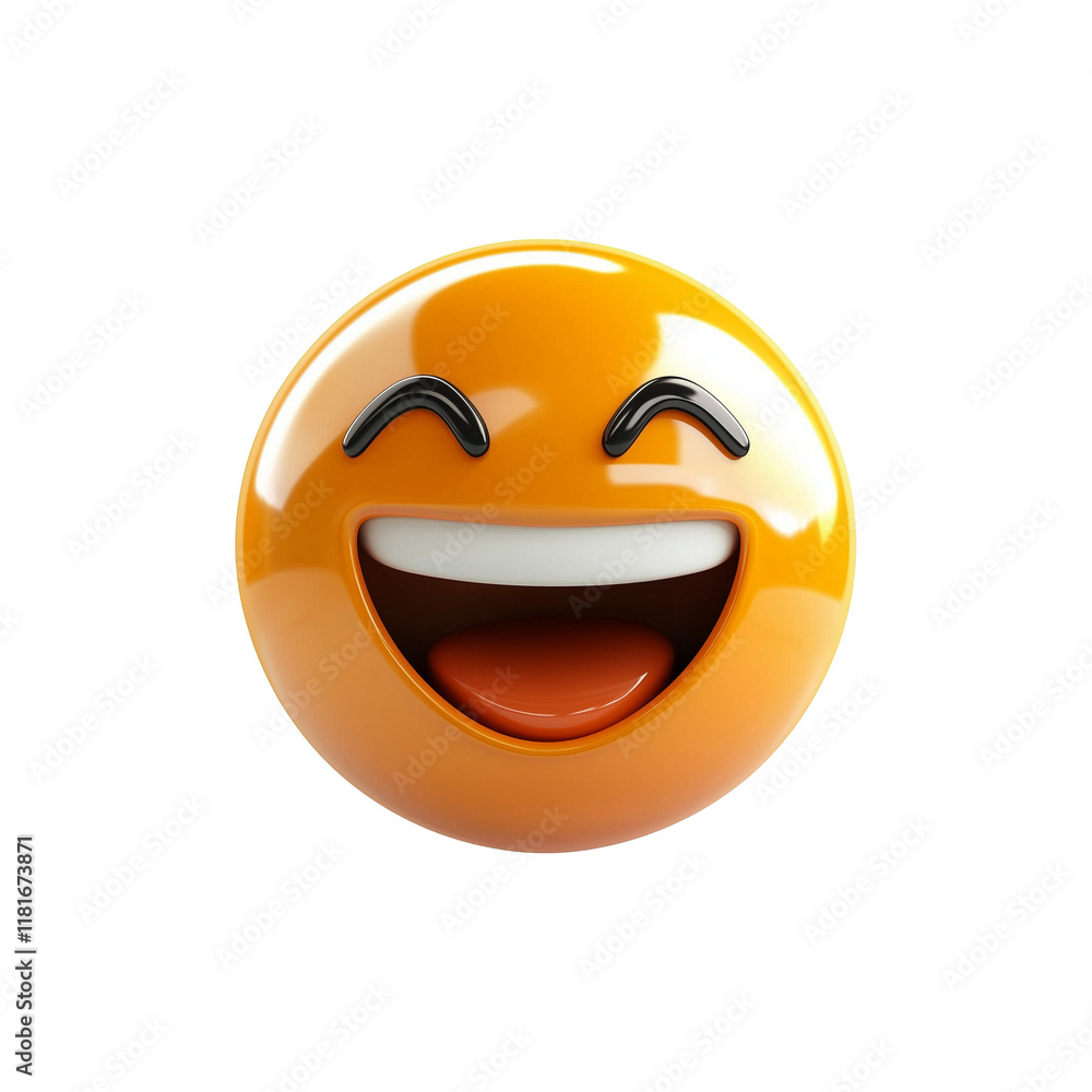 Poster bright orange 3d emoji with wide, enthusiastic smile and cheerful expression, isolated on transparen