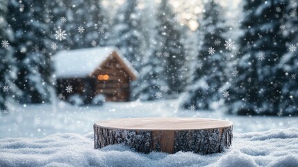 Winter Snowfall Product Display Stand with Cozy Cabin Backdrop.