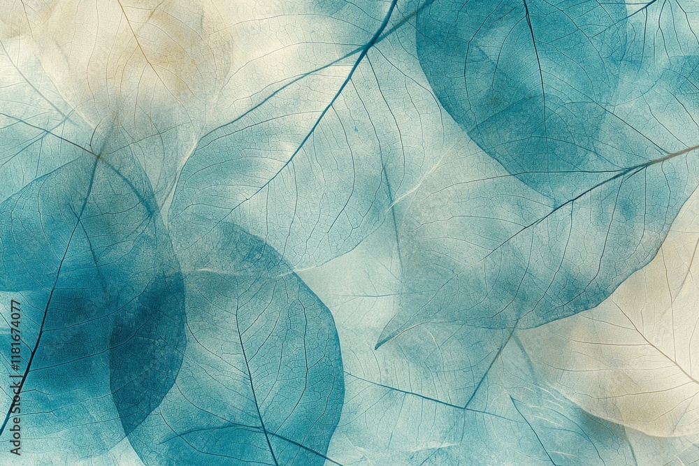 Poster beautiful ethereal blue leaf patterns with soft background texture in light tones - perfect for natu