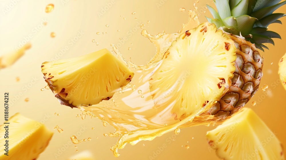 Poster a vibrant close-up of fresh pineapple slices splashing in a pool of juice, showcasing vivid yellows 