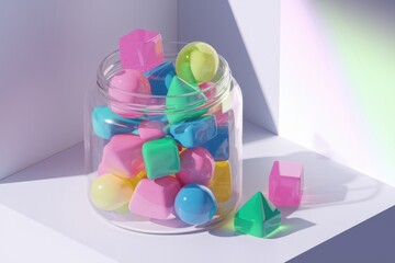 A glass jar filled with colorful geometric shapes, including cubes, spheres, and cones, bathed in soft light.