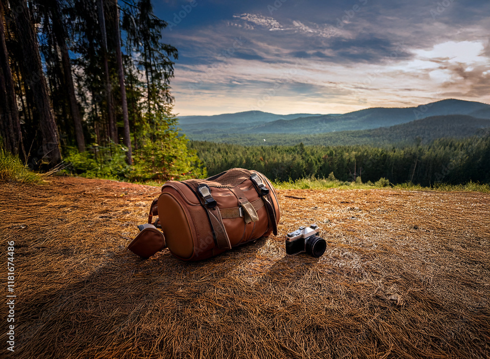 Poster a vintage leather bag and camera rest on dry grass overlooking a sun-drenched mountain vista. tall p