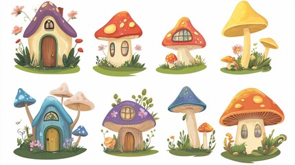 Fototapeta premium Whimsical collection of colorful mushroom houses in various styles, showcasing creativity and charm.