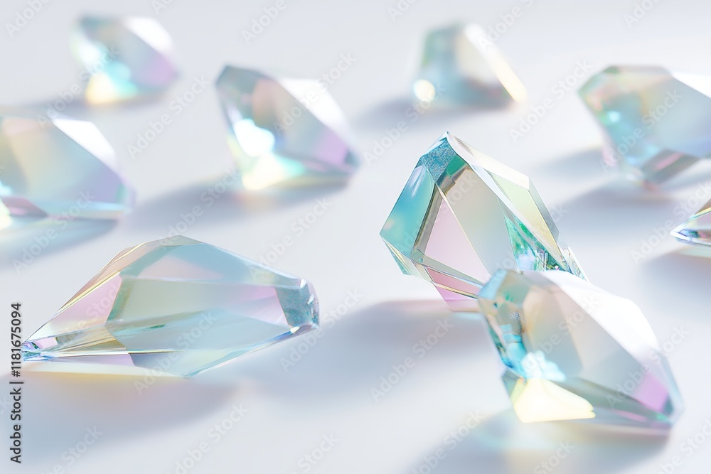 Poster beautiful iridescent crystals with multiple facets reflecting light on a soft white background, idea
