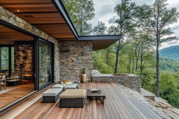 Obraz premium A luxury mountain retreat with rustic stone walls, expansive wooden decks, and sweeping views of the surrounding forest