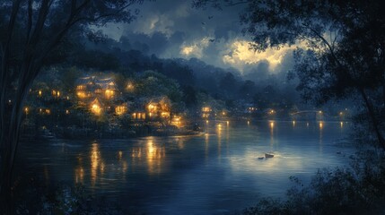 Tranquil Lakeside Village at Dusk with Glowing Lights and Reflection.