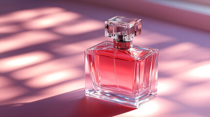 A close-up of a perfume bottle filled with pink liquid, surrounded by pink flowers and vines, ideal for elegant product concepts