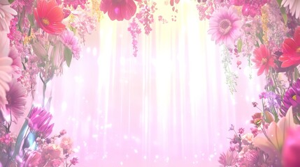 Blooming Floral Frame, Pink Light Background, Spring Flowers