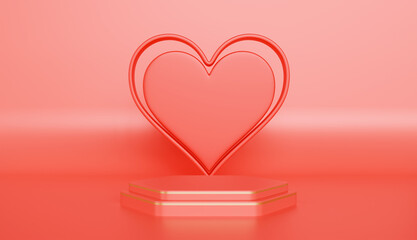 Romantic Coral Heart Shape on Two Tiered Hexagon Podium Valentines Day Background