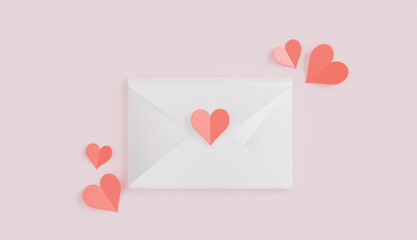 Romantic White Envelope with Coral Hearts Valentines Day Card Love Letter Concept