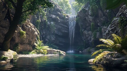 Serene waterfall in a lush green landscape.