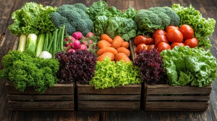 Fresh Vibrant Display of Vegetables in Wooden Crate Arrangement