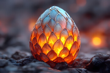 Fantasy dragon egg with shimmering iridescent scales reflecting hues of blue, green, and purple, placed on a mystical surface with glowing magical energy