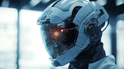 Futuristic helmet with digital interface.