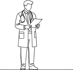 Doctor Holding Patient Papers. Line Drawing Vector Artwork