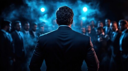 A powerful figure stands confidently amidst a shadowy crowd in a smoky environment, creating an intense atmosphere that suggests leadership, determination, and unity among people.