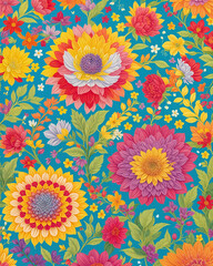 watercolor flowers pattern. Colorful hand drawn patchwork flat cartoon seamless pattern. Handmade patch work quilt style background for textile concept or fun modern backdrop design.