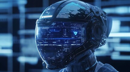 Futuristic helmet with digital interface display.