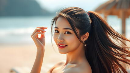 Gently sunset light with asian young woman enjoying summer vacation, holiday on beach, sea sky blurred landscape. Closeup beauty portrait, sensual smile. Beautiful outdoors fashion model portrait