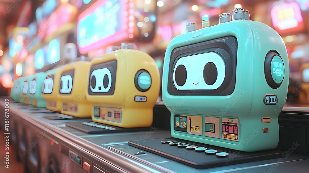 Poster retro robots on assembly line: automation in a futuristic factory