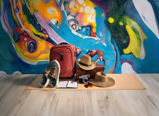 A red backpack, travel hat, camera, and sneakers rest on a wooden floor against a vibrant, abstract wall mural.  Ready for adventure!