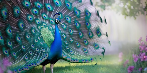 Obraz premium Vibrantly Colored Peacock Displaying Its Majestic Feathers in a Natural Setting