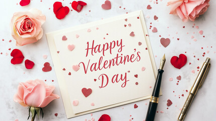 A flat-lay photo of an open Valentine's Day card with "Happy Valentine's Day" written in bold, decorative letters inside. The card is surrounded by scattered rose petals, a fountain pen