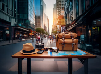 A traveler's essentials hat, camera, sunglasses, phone, map, and backpack rest on a table overlooking a bustling city street at sunset.  The scene evokes adventure and exploration.