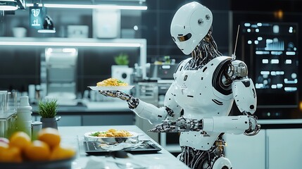 Robot serving food in a modern kitchen.