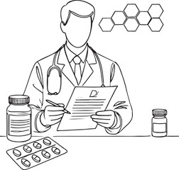 Pharmacist and Medicine Recipe – Clean Line Illustration