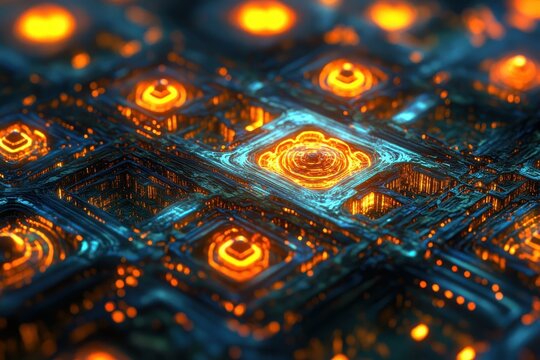 Intricate patterns of glowing circuitry illuminate the darkened landscape of a digital world