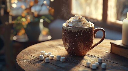 Cozy cup of hot chocolate with whipped cream.