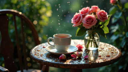 Flowers in a vase on the table under the rain, with a cup of tea nearby