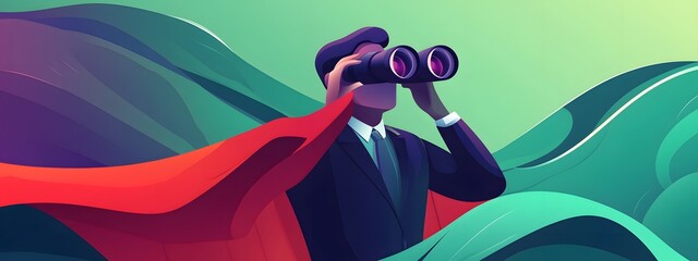 Flat vector illustration of a business person with a telescope, dressed in a superhero cape and holding a red briefcase