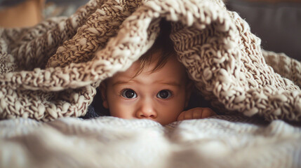 A baby playing peekaboo with a parent under a soft blanket in a playful moment