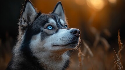 Obraz premium Majestic husky gazing into the distance at sunset