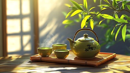 Serene tea set with steaming cups on a bamboo tray.