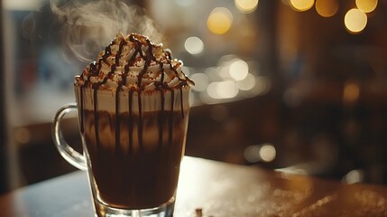 A steaming cup of dessert coffee with toppings.