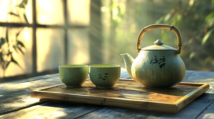 Teapot and cups on a bamboo tray in sunlight.