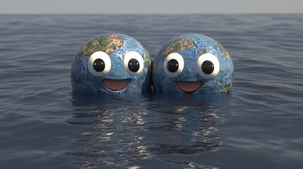 Two smiling globe characters floating on water, conveying friendship and environmental awareness.