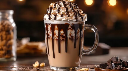 Creamy coffee topped with chocolate and whipped cream.