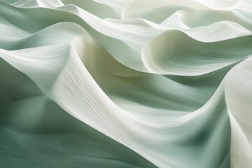 Abstract image of flowing, textured fabric in soft sage and white tones, creating a dreamy, undulating landscape.