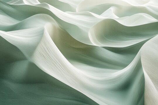 Abstract image of flowing, textured fabric in soft sage and white tones, creating a dreamy, undulating landscape.