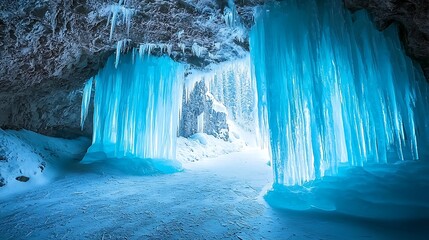 Ice cave with blue icicles and snowy pathway.
