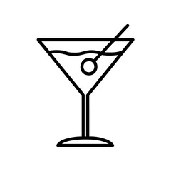 martini glass with olive icon, drinks line art, drinks vector - simple black line art icon of martini glass with olive perfect for logos, and drinks-themed designs.