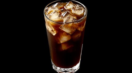 A glass of iced coffee with ice cubes.