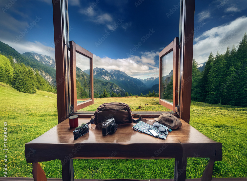 Poster mountain vista seen through open cabin windows. a wooden table holds travel gear, hinting at adventu
