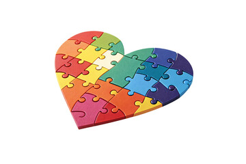 A heart shape made of brightly colored interlocking puzzle pieces symbolizing unity, diversity, and connection, isolated on a transparent background