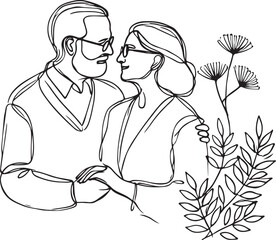 Romantic Line Art Illustrations of Elderly Couples in Vector